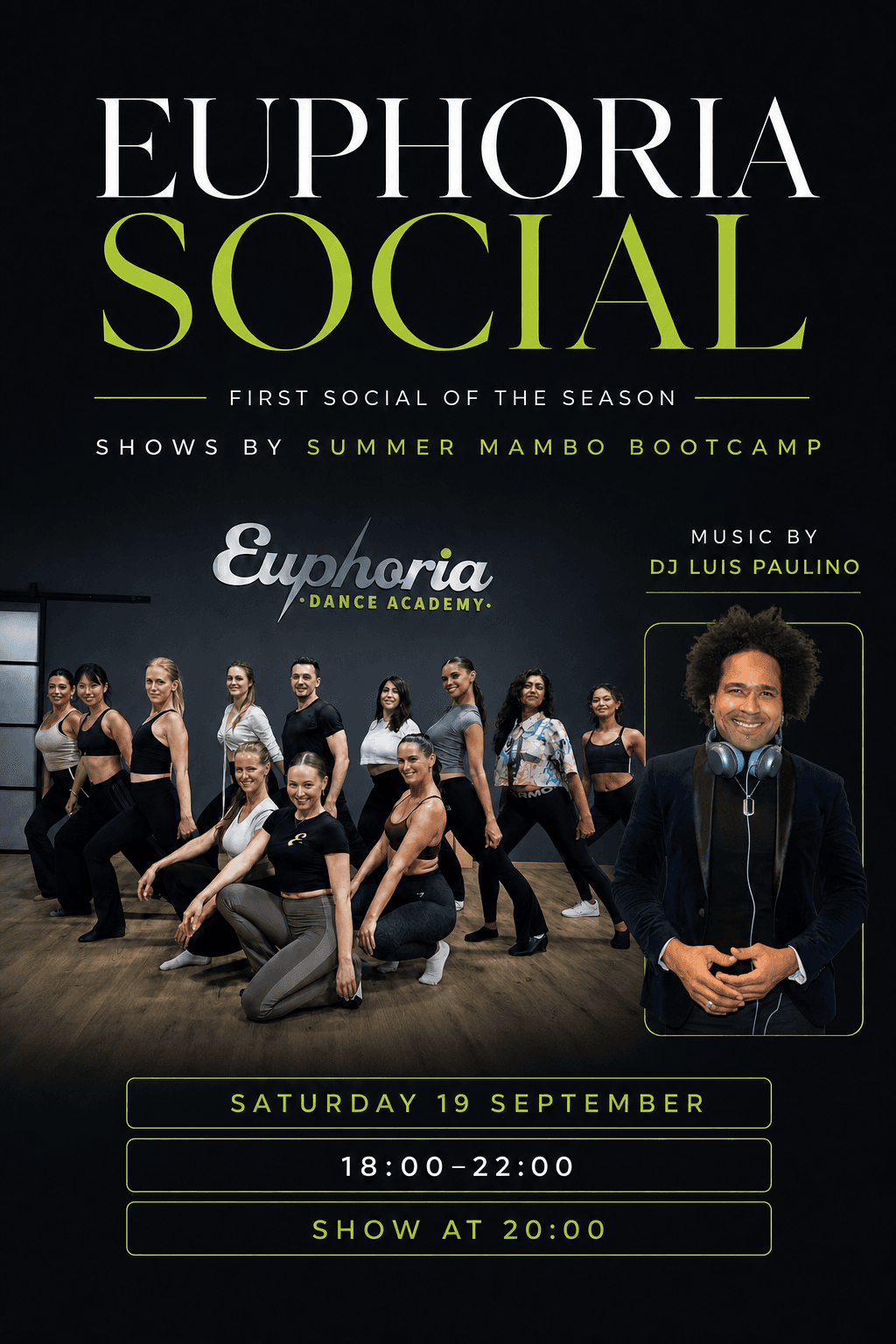 Euphoria Social flyer featuring the Summer Mambo Bootcamp team and DJ Luis Paulino